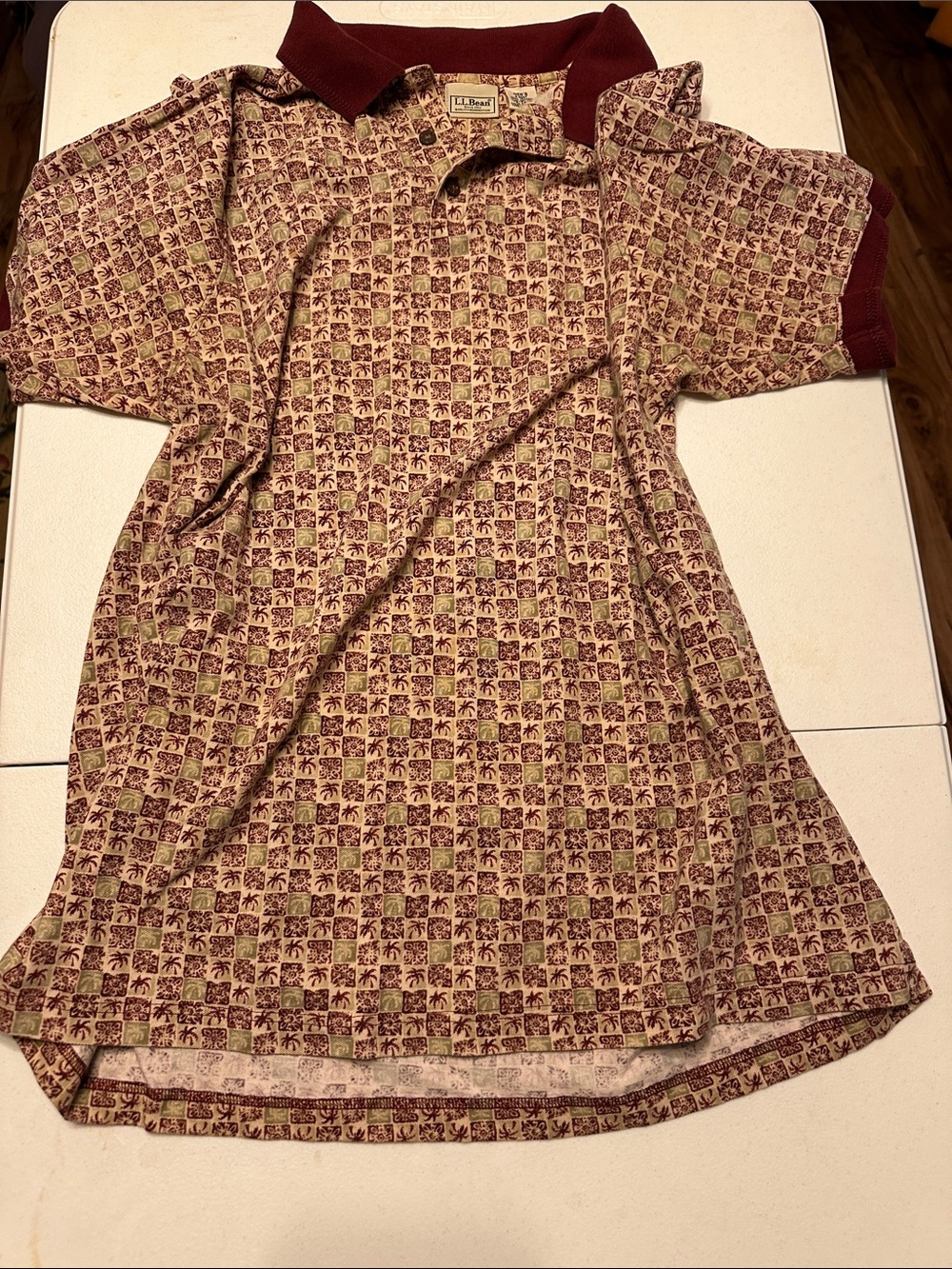 L.L. Bean Burgundy and Tan Patterned Polo